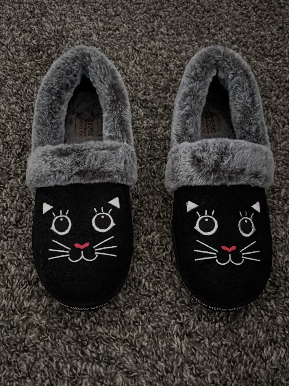 BOBS from Skechers Black and Gray Cat Face Plush Slippers